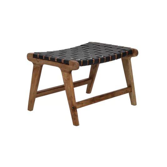 AOSTA - tabouret - cuir de buffle / bois d'acacia - L 56 x W 41 x H 36 cm - noir