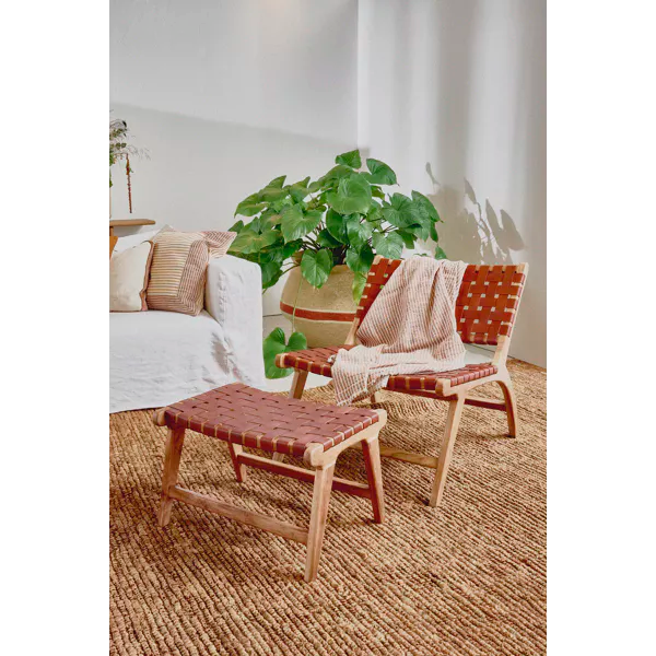 AOSTA - tabouret - cuir de buffle / bois d'acacia - L 56 x W 41 x H 36 cm - cognac